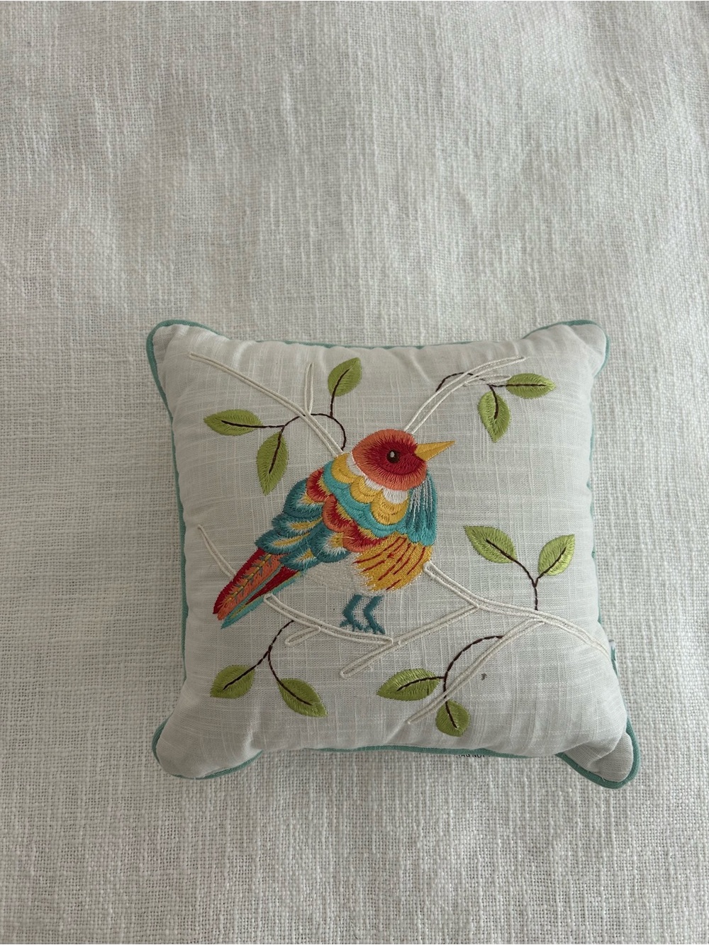 Bird Embroidered Accent Throw Pillow White Colorful Branch Cottage Decor